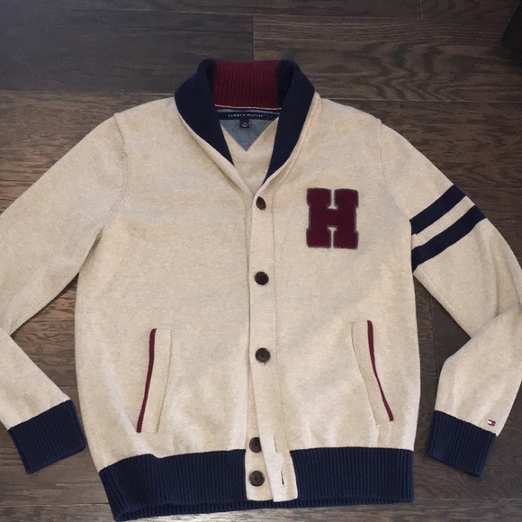 Tommy Hilfiger Other - Mens Tommy Hilfiger Collared Tan Red Blue BIG H letterman’s Cardigan LS Sweater